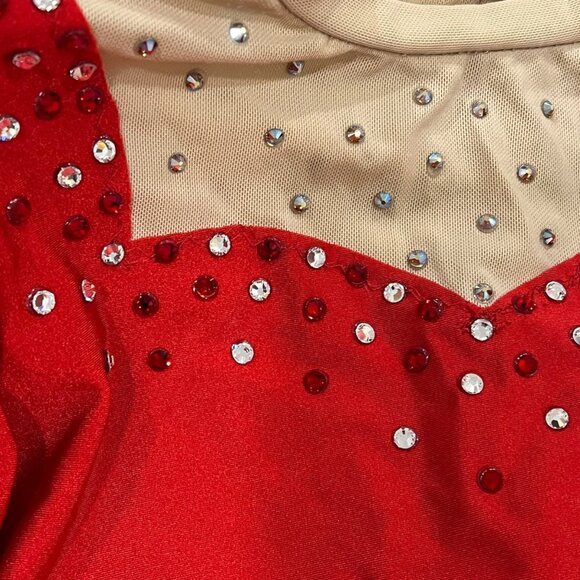 Girls Red Long Sleeve Rhinestone Ice Figure Skating Dress - Picture 2 of 12